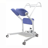 patient transfer device with blue seat and white frame on a white background