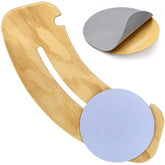 Curved wooden patient transfer slide board with a blue rotating seat disc, central sliding slot, and positioning notches.