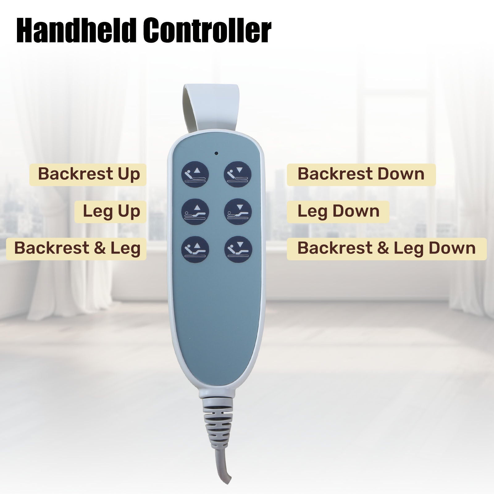 Six-button handheld controller for a full electric hospital bed, showing independent backrest and leg adjustments and combined positioning controls.