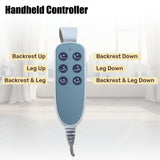 Six-button handheld controller for a full electric hospital bed, showing independent backrest and leg adjustments and combined positioning controls.