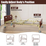 Positioning infographic showing the electric hospital bed with raised backrest and leg sections, labeled adjustment ranges, and wood-finish headboard and footboard.
