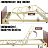 Full electric hospital bed frame showing independent backrest adjustment from 0–60 degrees and leg adjustment from 0–40 degrees.