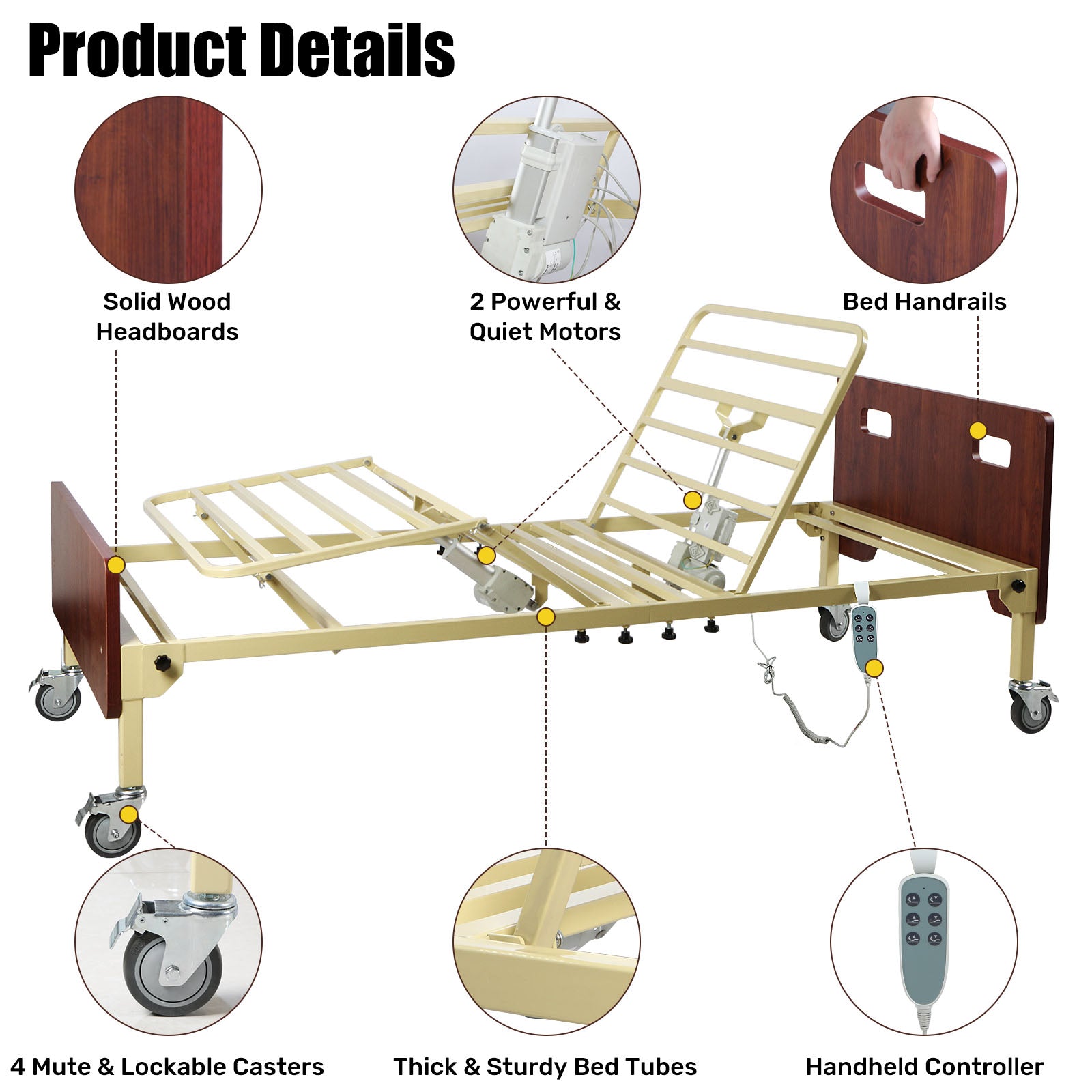 Product details of the heavy-duty electric hospital bed, showing wood-finish boards, dual motors, locking casters, reinforced steel frame, and handheld controller.