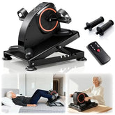 Motorized arm and leg pedal exerciser with adjustable base, detachable hand grips, foot pedals, and wireless remote, shown with seated arm exercise and lying-down leg exercise.