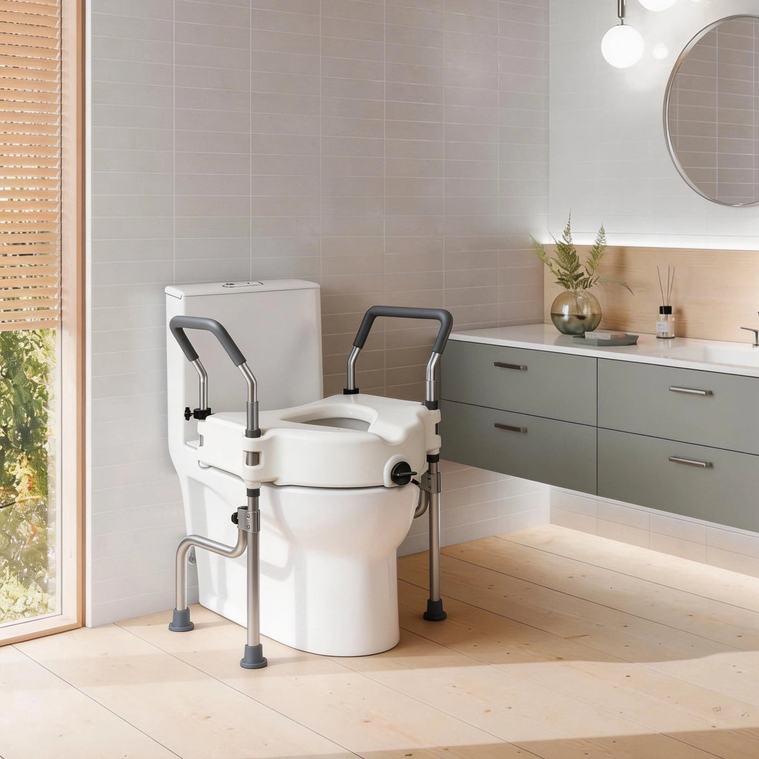Adjustable 4.5-inch raised toilet seat with arms and support legs installed on a toilet in a modern bathroom