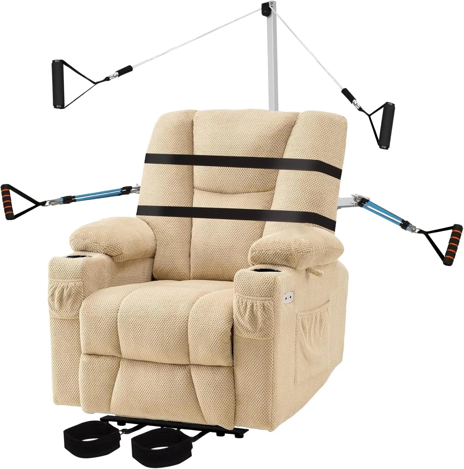 Beige recliner chair with resistance bands and handles on a white background