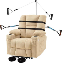 Beige recliner chair with resistance bands and handles on a white background