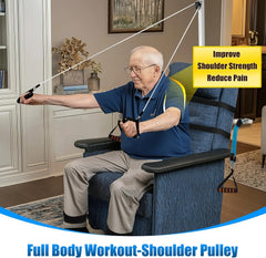 Man using a shoulder pulley system in a home setting with text promoting shoulder strength and pain reduction.