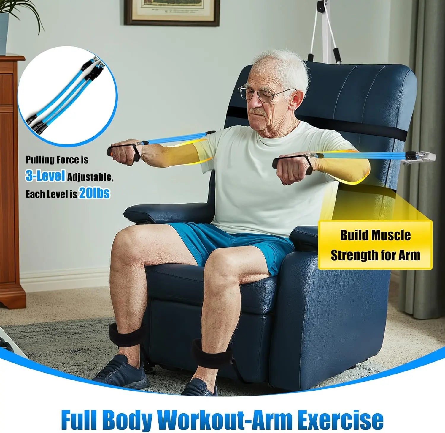 Man using a full body workout arm exercise device in a living room.