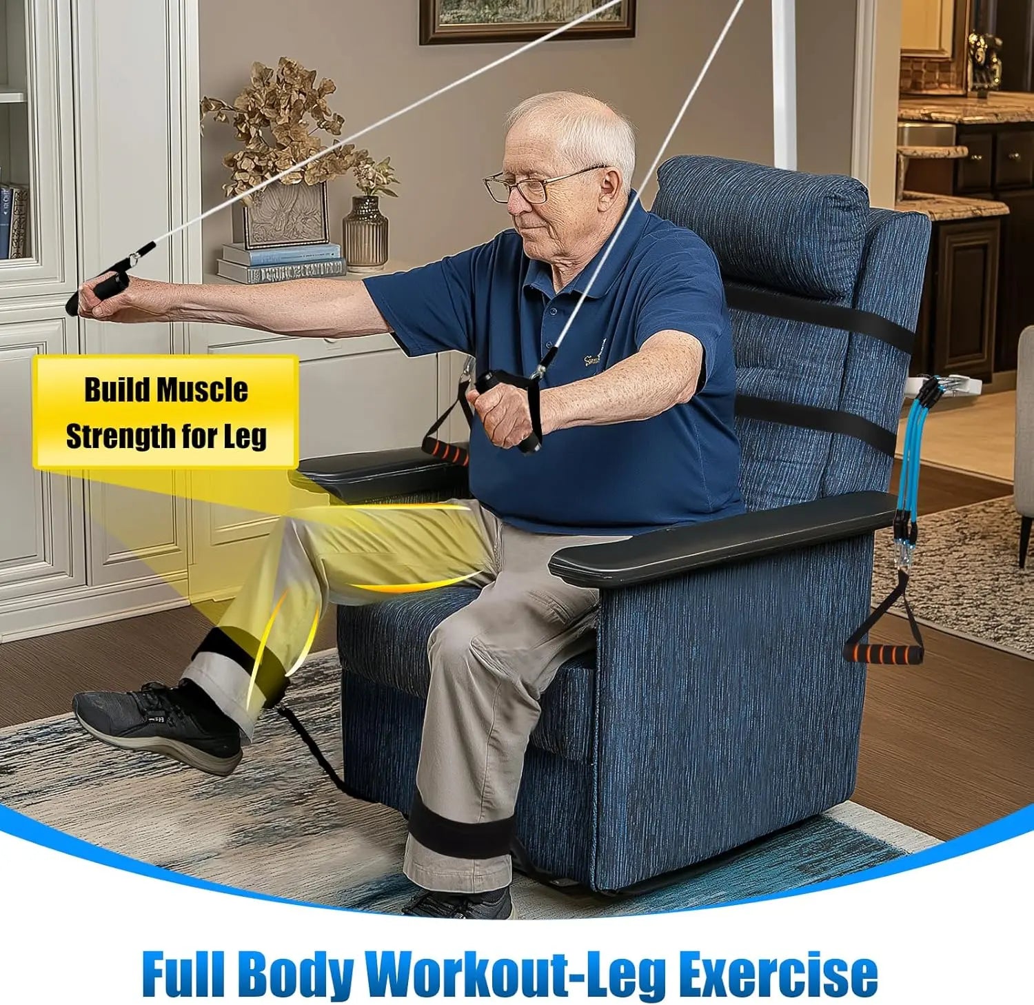 Man using a leg exercise machine in a home setting with text promoting muscle strength and full body workout.