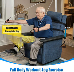 Man using a leg exercise machine in a home setting with text promoting muscle strength and full body workout.