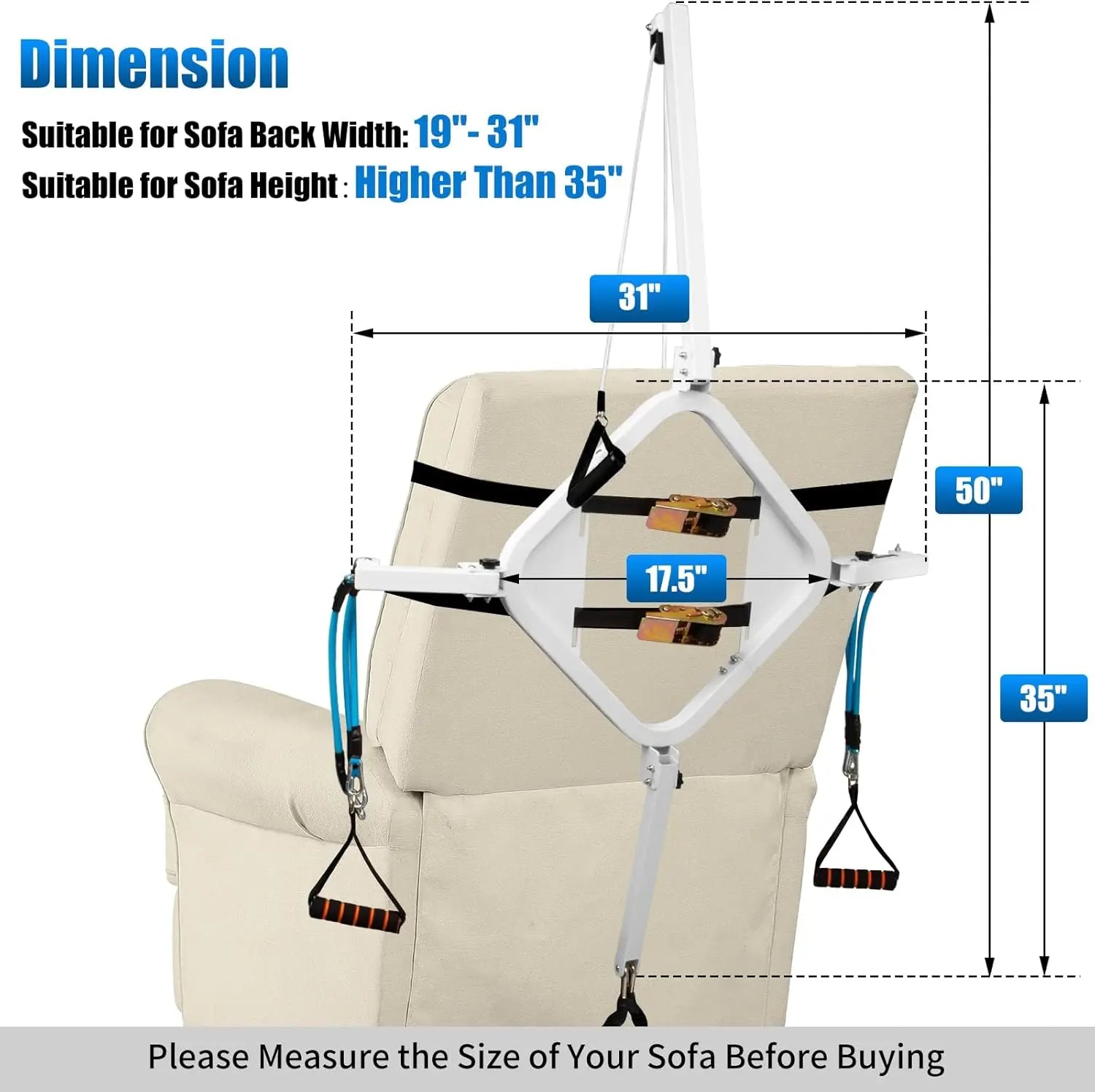 Measurement chart for a sofa safety belt with dimensions labeled on a white background.