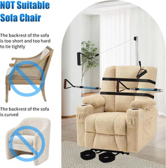 Beige recliner chair with safety straps and a comparison of suitable vs. unsuitable sofa chairs.