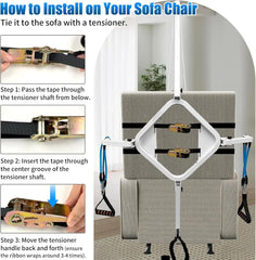 Instructions on how to install a tensioner on a sofa chair with text and images.