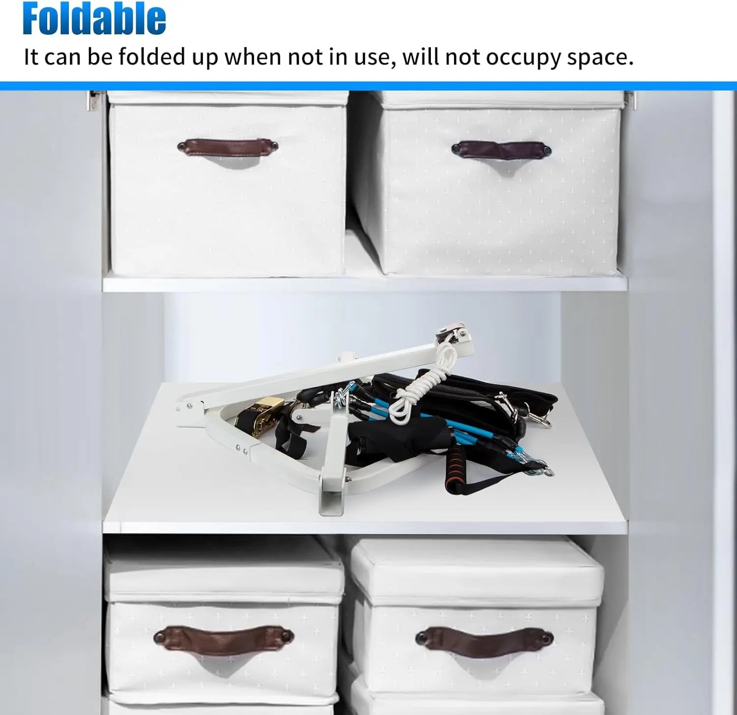 Foldable storage solution with white boxes and tools on a white surface.