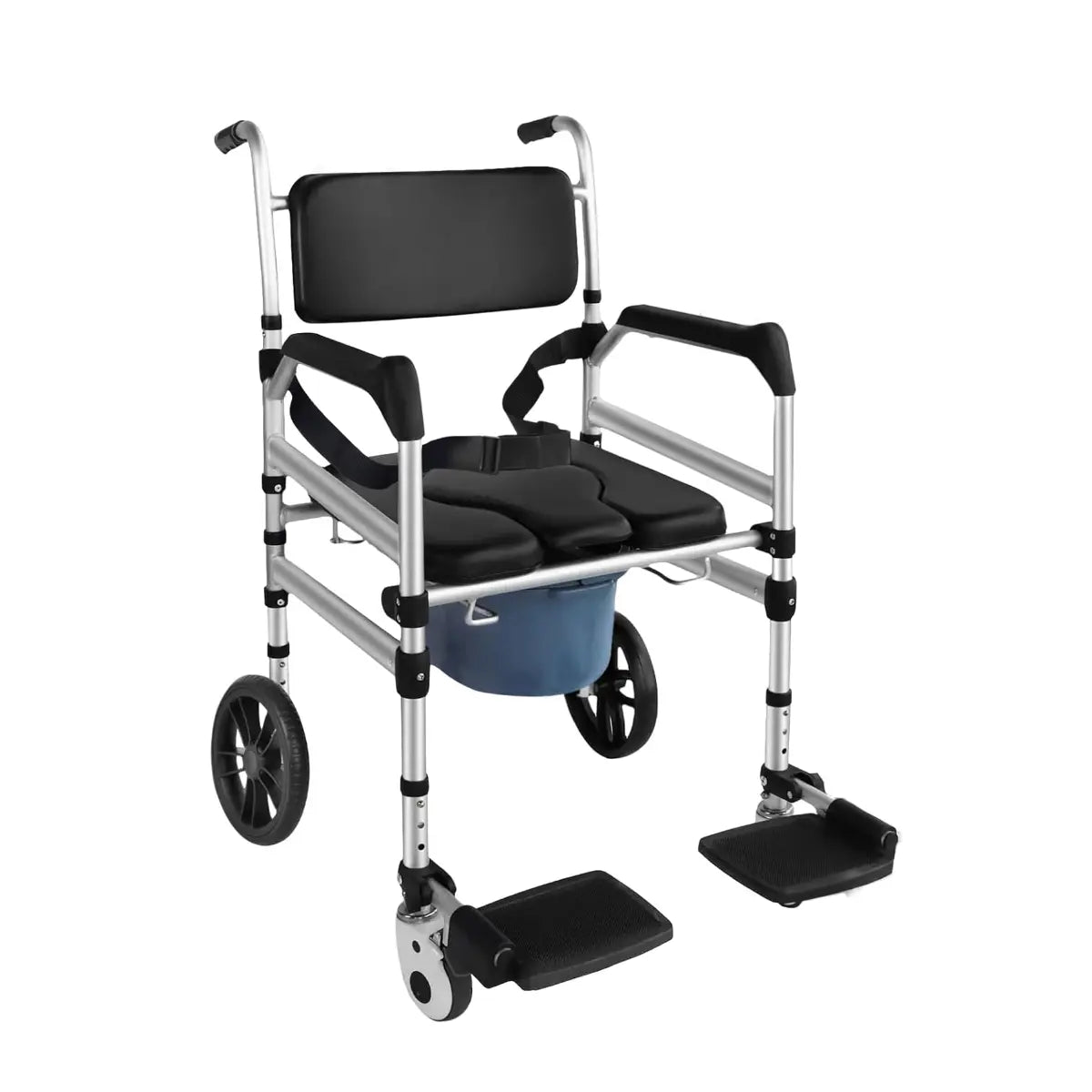 Transport chair with black seat and footrests on a white background