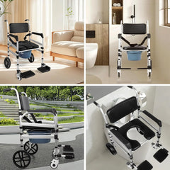Collage of a mobility aid commode wheelchair in various settings including a living room, bathroom, and outdoor area.