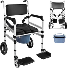 Aluminum commode wheelchair with attached bucket on a white background