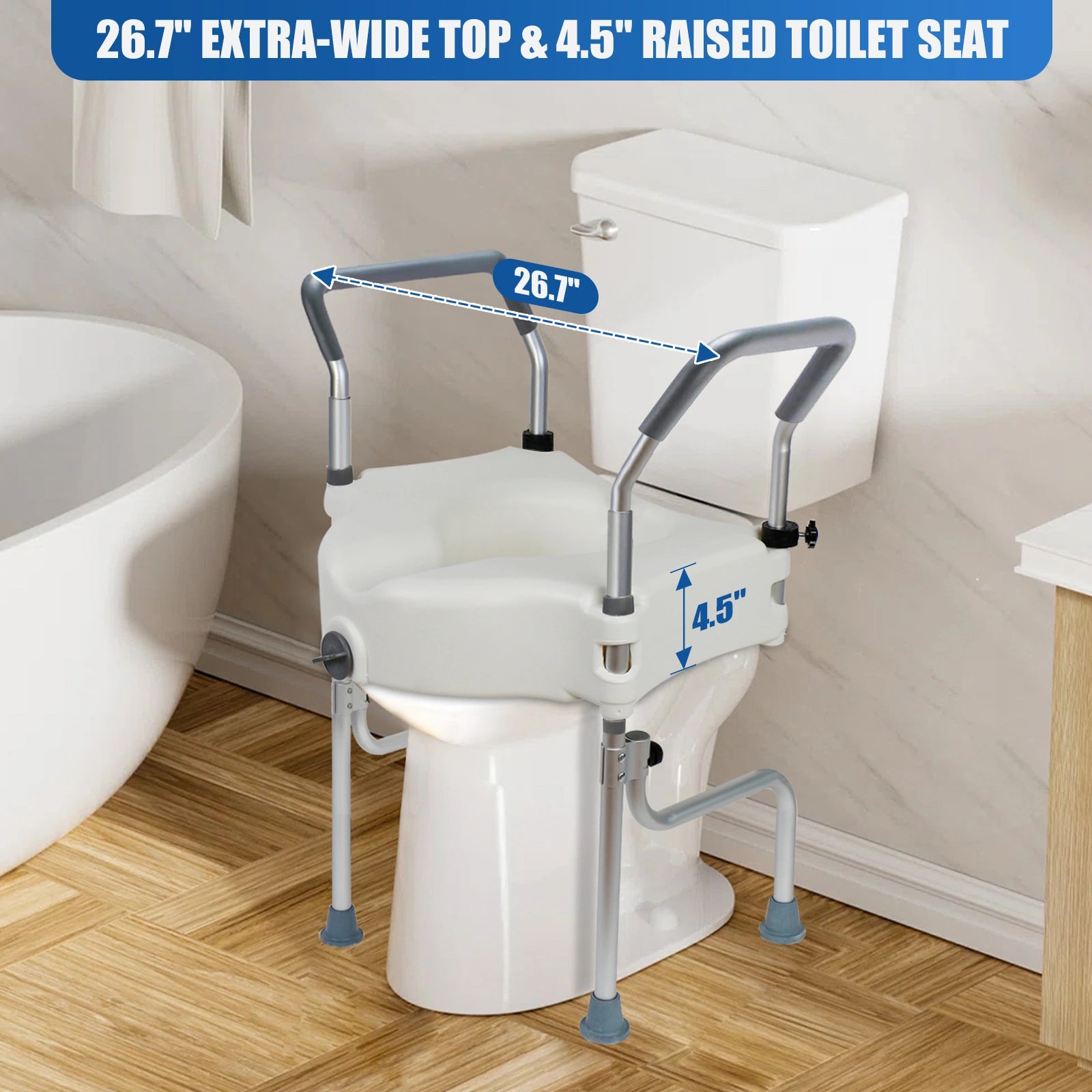 Extra-wide 26.7-inch raised toilet seat with arms and 4.5-inch elevated seating height