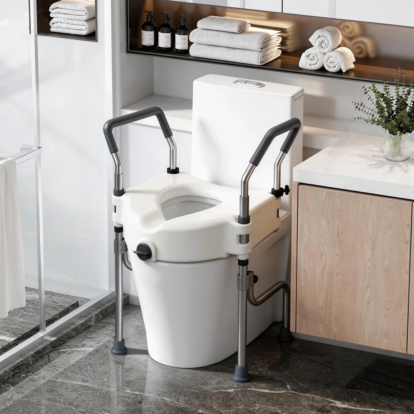 Adjustable raised toilet seat with padded arms and support legs installed in a modern bathroom