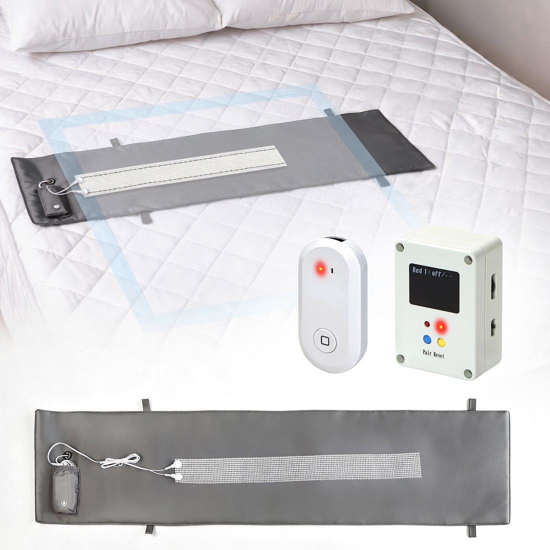 Bed exit and bedwetting alert system displayed with the sensor mat on a bed, alarm monitor, call device, and moisture sensor strip.