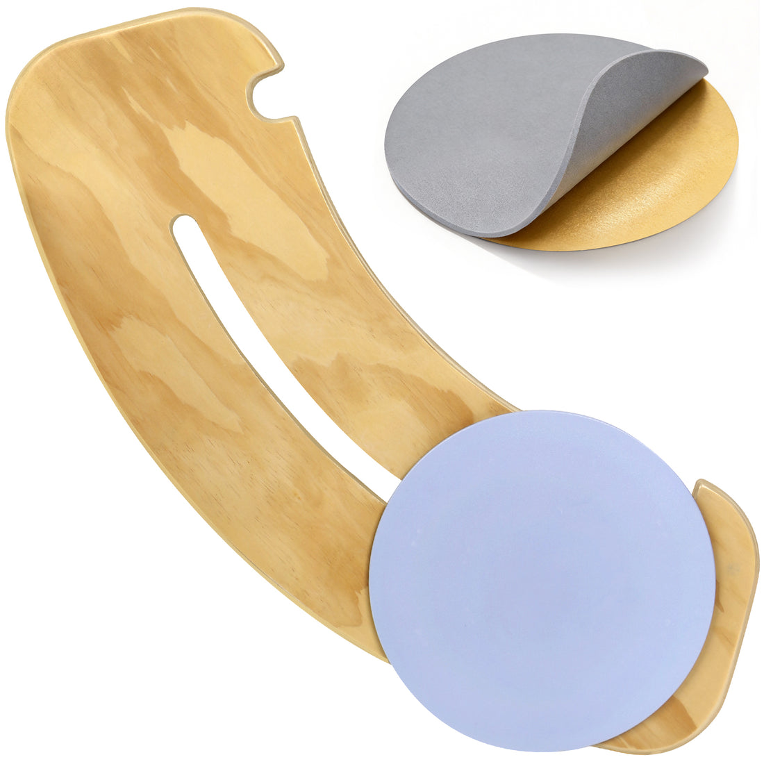 Curved wooden patient transfer slide board with a blue rotating seat disc, central sliding slot, and positioning notches.