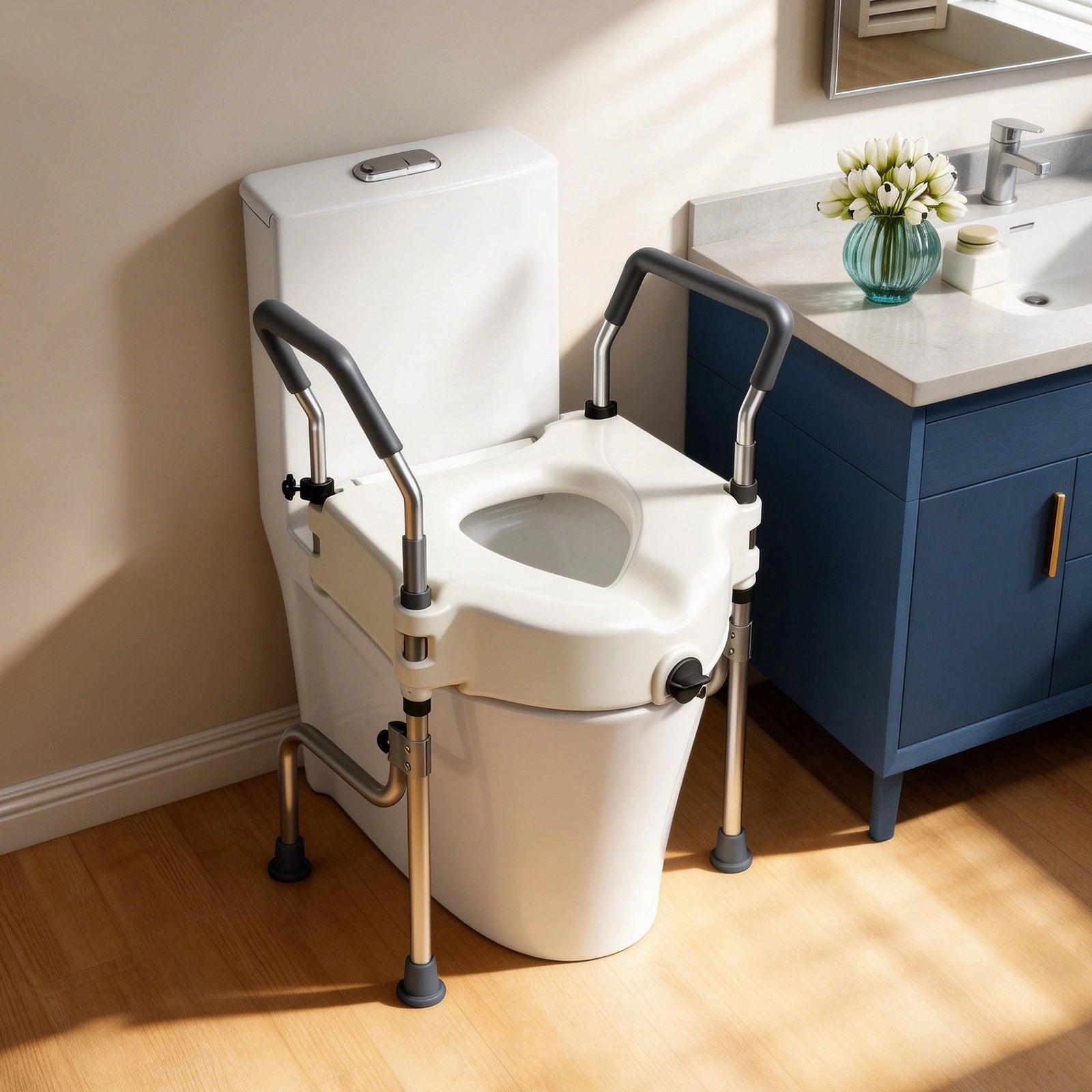 Adjustable raised toilet seat with padded safety arms and support legs beside a blue bathroom vanity