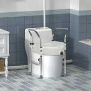 Adjustable 4.5-inch raised toilet seat with arms and four anti-slip support legs in a tiled bathroom