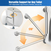 Raised toilet seat with 170-degree adjustable support legs for a secure fit around different toilet shapes