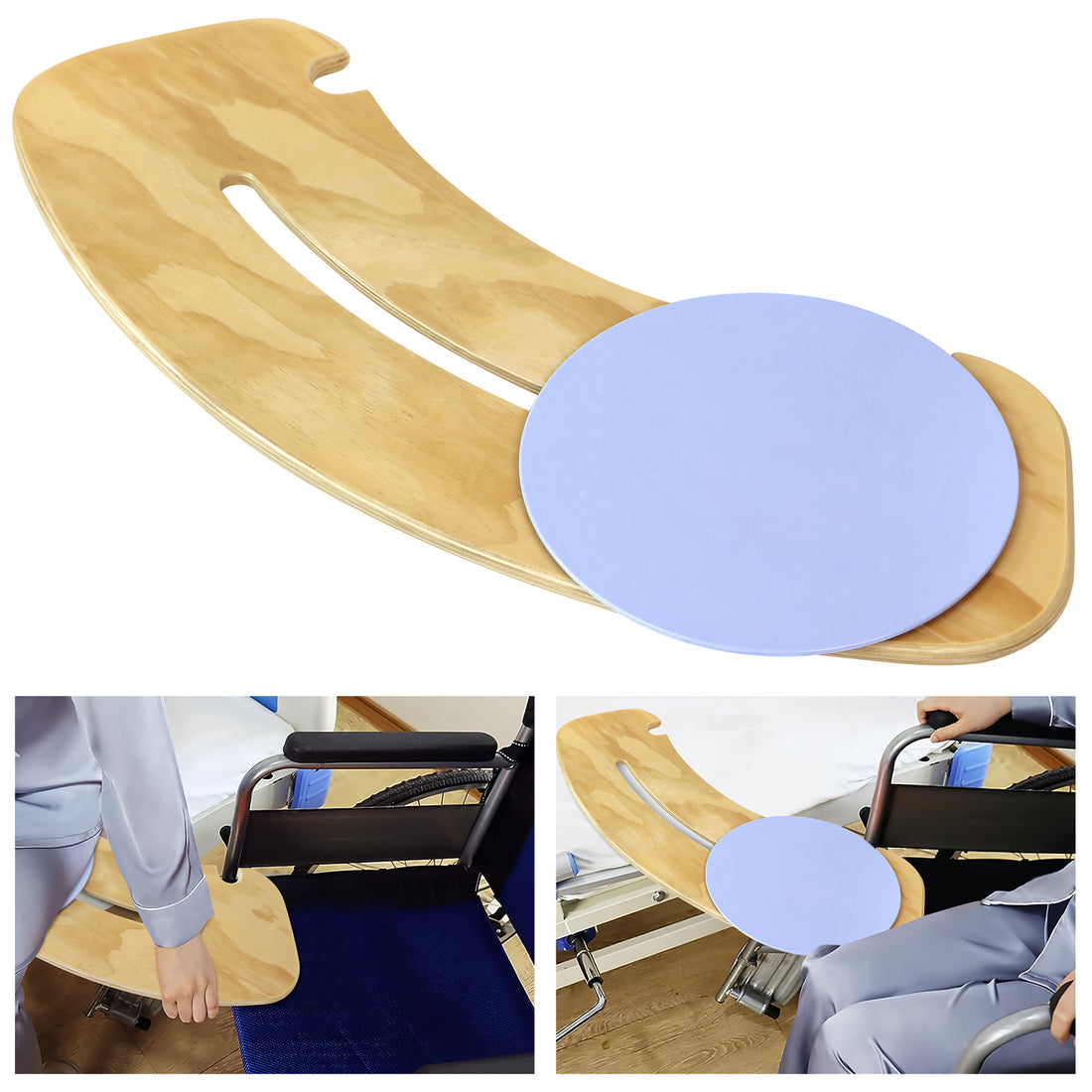Four-step patient transfer guide showing placement of the curved slide board between a bed and wheelchair, positioning the rotating seat, and completing the transfer.