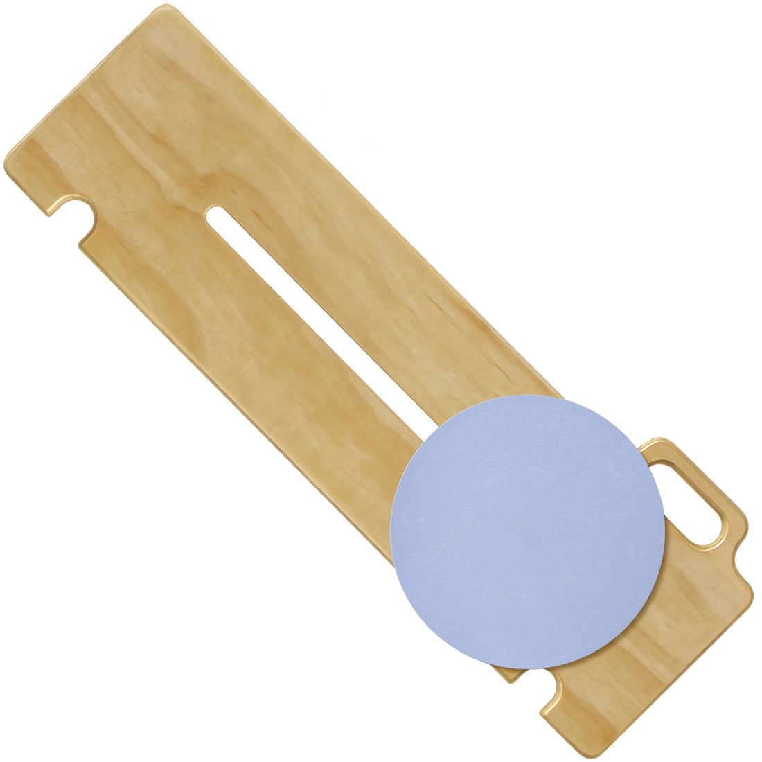 33-inch wooden patient transfer slide board with a blue rotating seat disc, central sliding slot, integrated grab handle, and positioning notches on a white background.