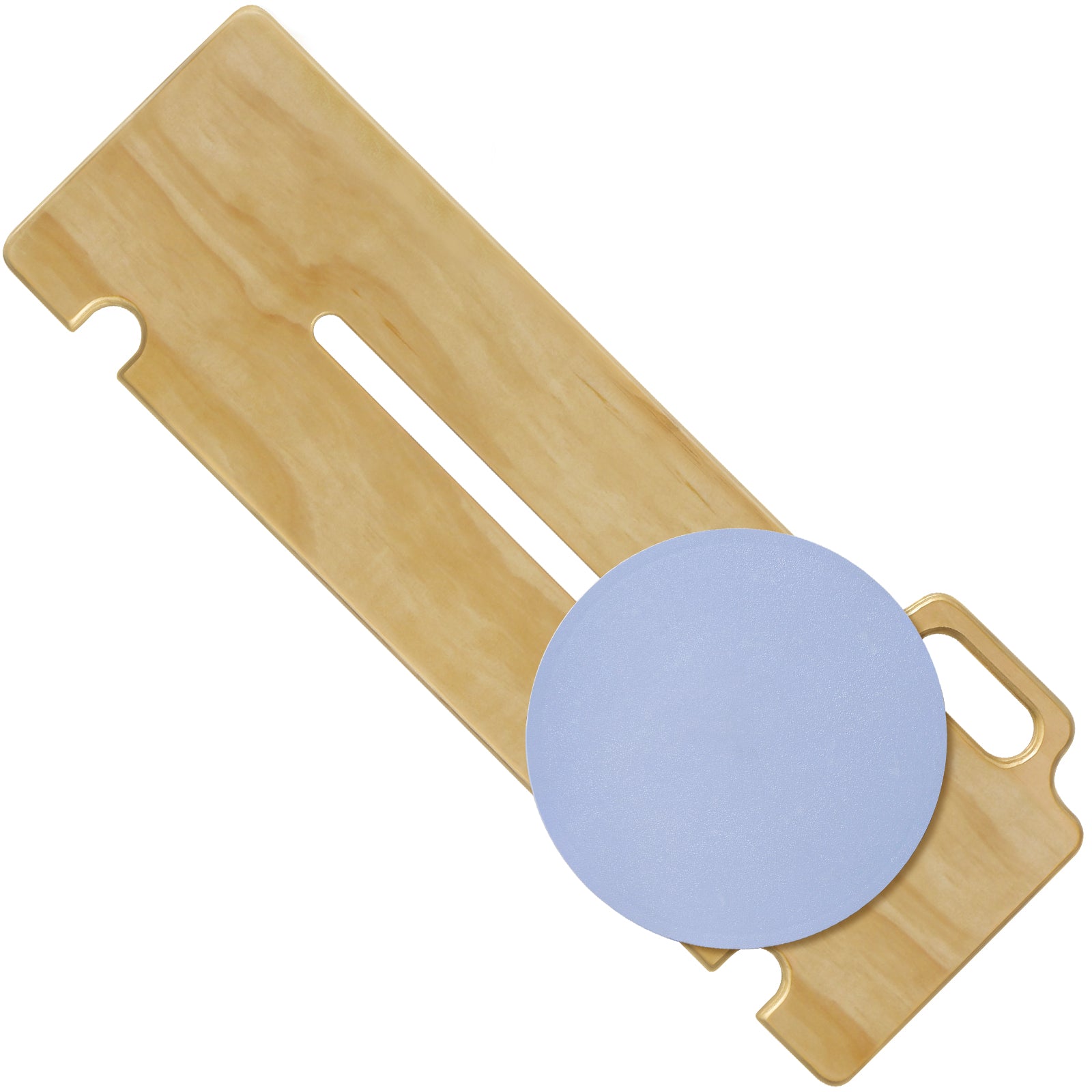 30-inch wooden patient transfer slide board with a blue rotating seat disc, central sliding slot, integrated grab handle, and positioning notches on a white background.