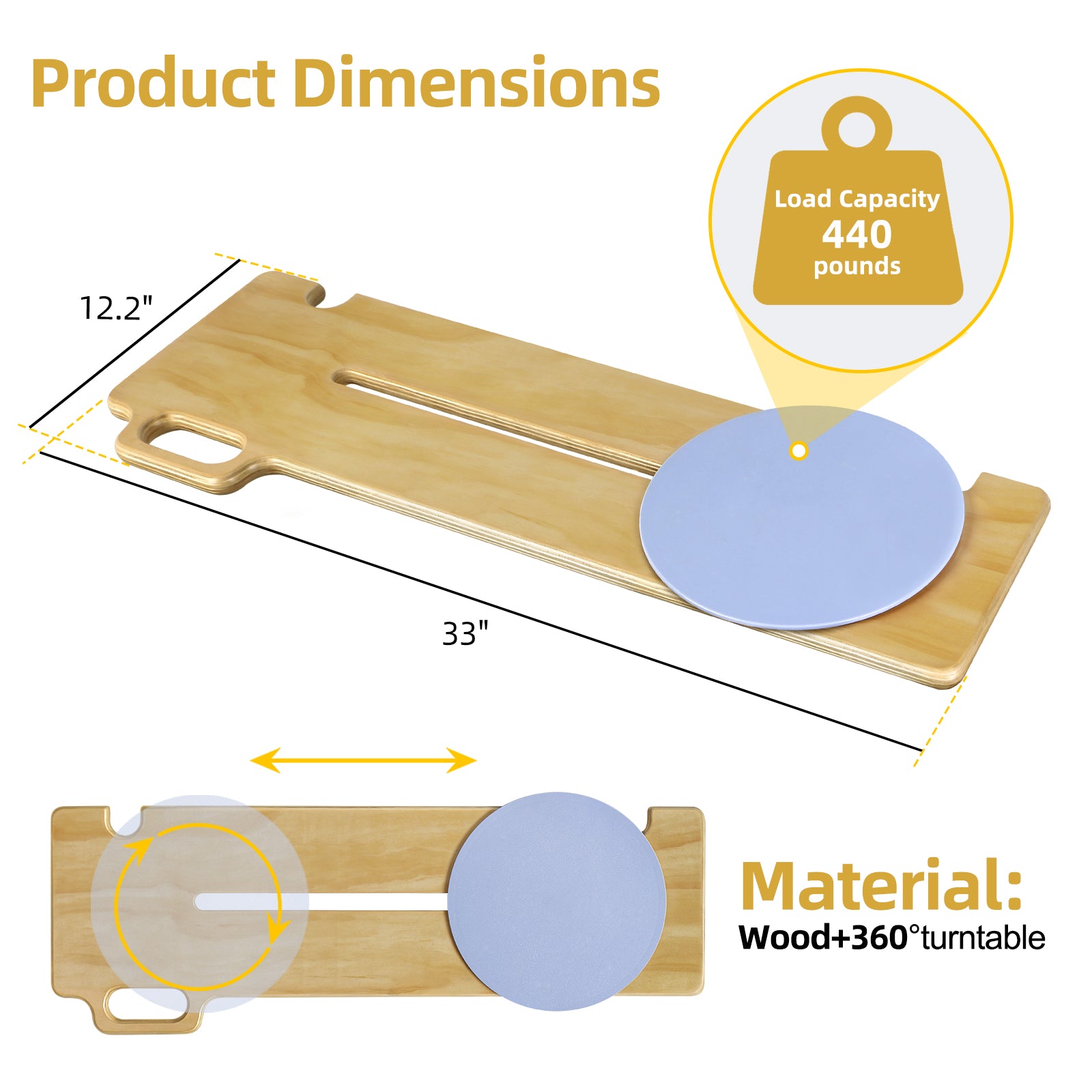 Dimension diagram of the wooden patient transfer board showing a 33-inch length, 12.2-inch width, stated 440 lb capacity, and a blue seat disc that rotates and slides along the central slot.