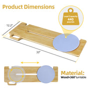 Dimension diagram of the wooden patient transfer board showing a 33-inch length, 12.2-inch width, stated 440 lb capacity, and a blue seat disc that rotates and slides along the central slot.