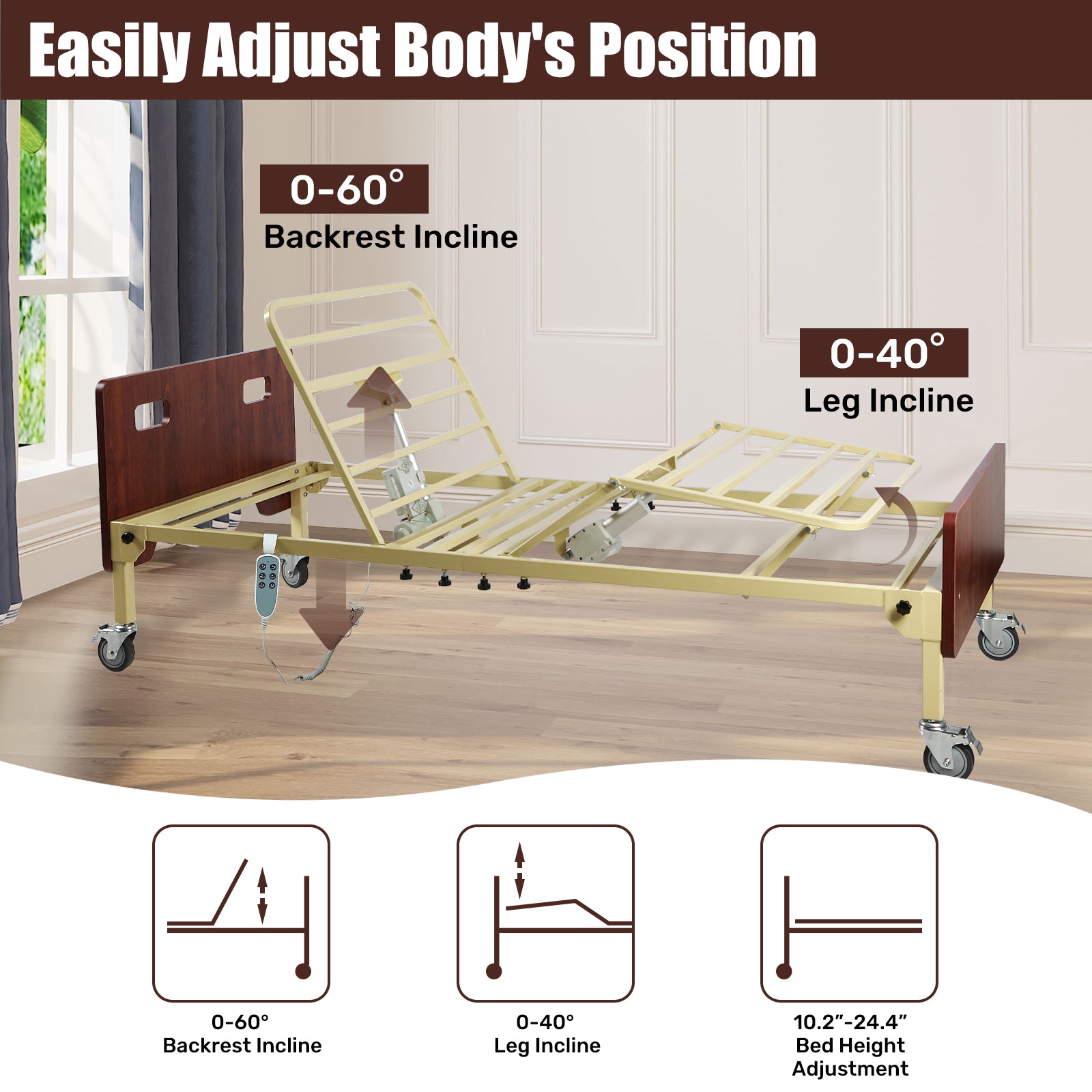 Positioning infographic showing the electric hospital bed with raised backrest and leg sections, labeled adjustment ranges, and wood-finish headboard and footboard.