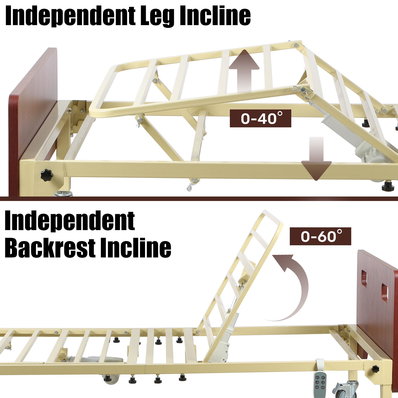 Full electric hospital bed frame showing independent backrest adjustment from 0–60 degrees and leg adjustment from 0–40 degrees.