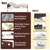 Comparison graphic highlighting the electric hospital bed’s reinforced frame, multiple positioning options, wood-finish headboards, and 600 lb weight capacity.