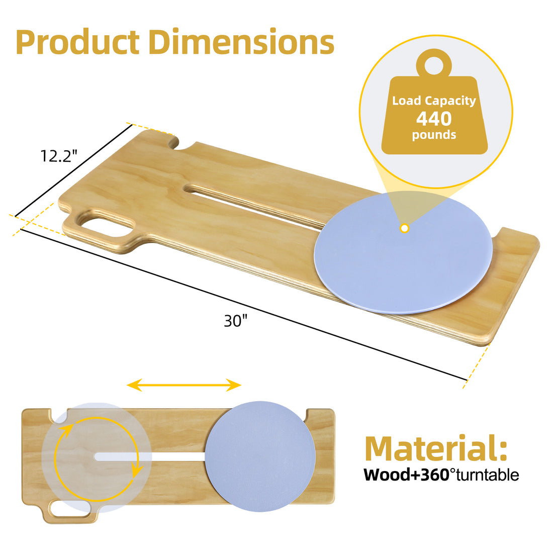 Wooden patient transfer slide board with a rotating seat, sliding slot, integrated grab handle, and positioning notches.