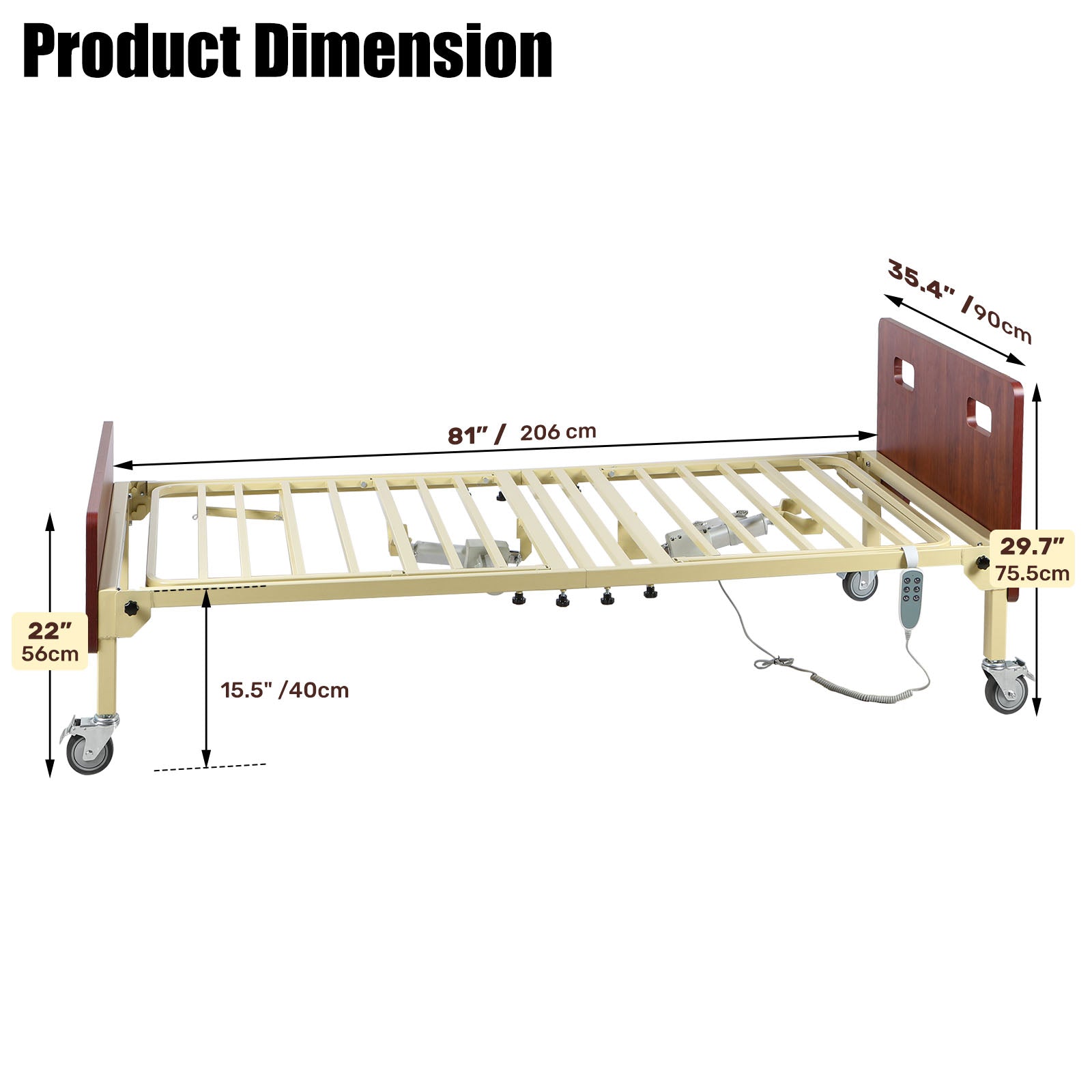 Dimension diagram of the full electric home hospital bed showing an 81-inch length, 35.4-inch width, 29.7-inch overall height, and 15.5-inch deck-to-floor height.