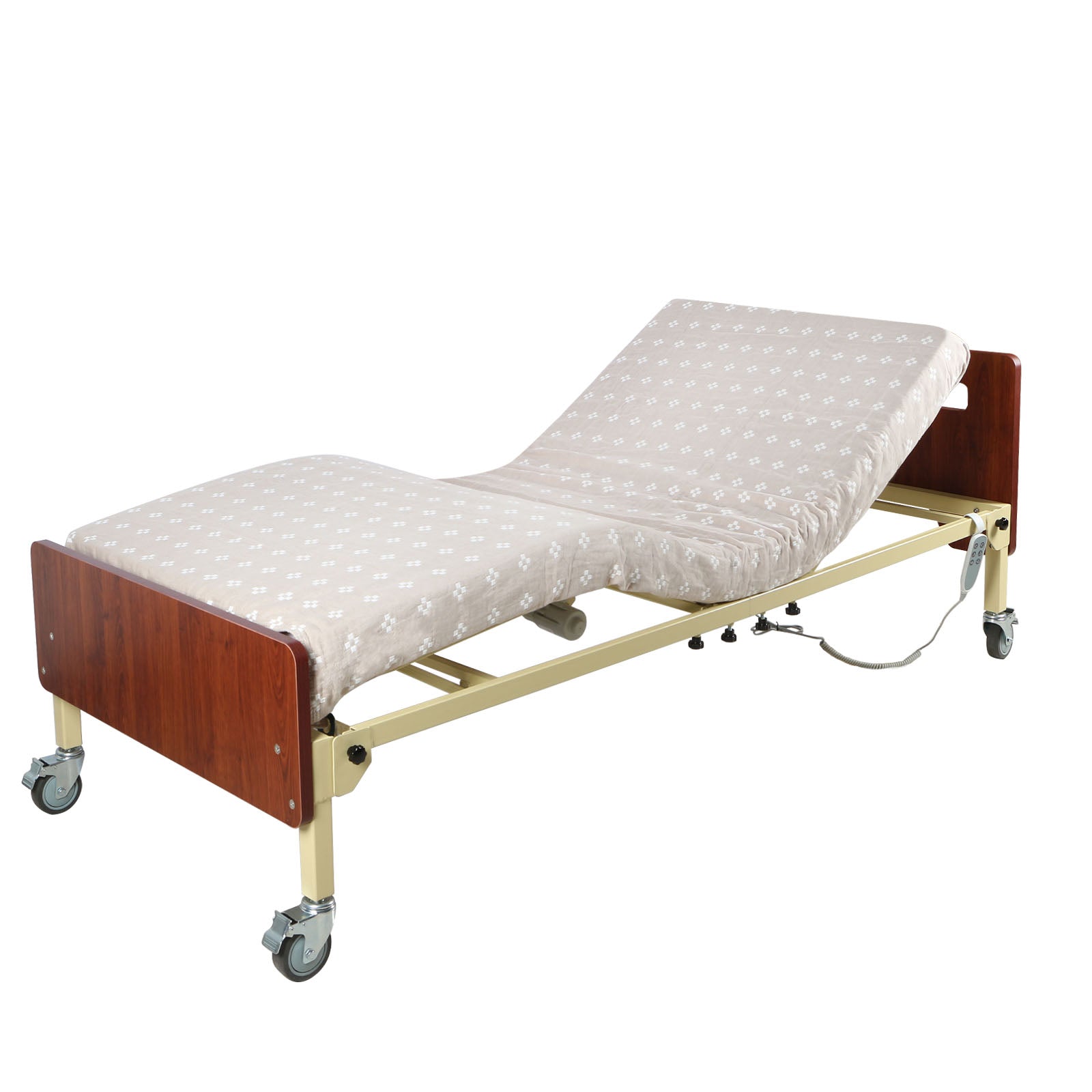 Heavy-duty full electric home hospital bed with wood-finish headboard and footboard, raised backrest, caster wheels, and handheld controller, shown with a patterned mattress.