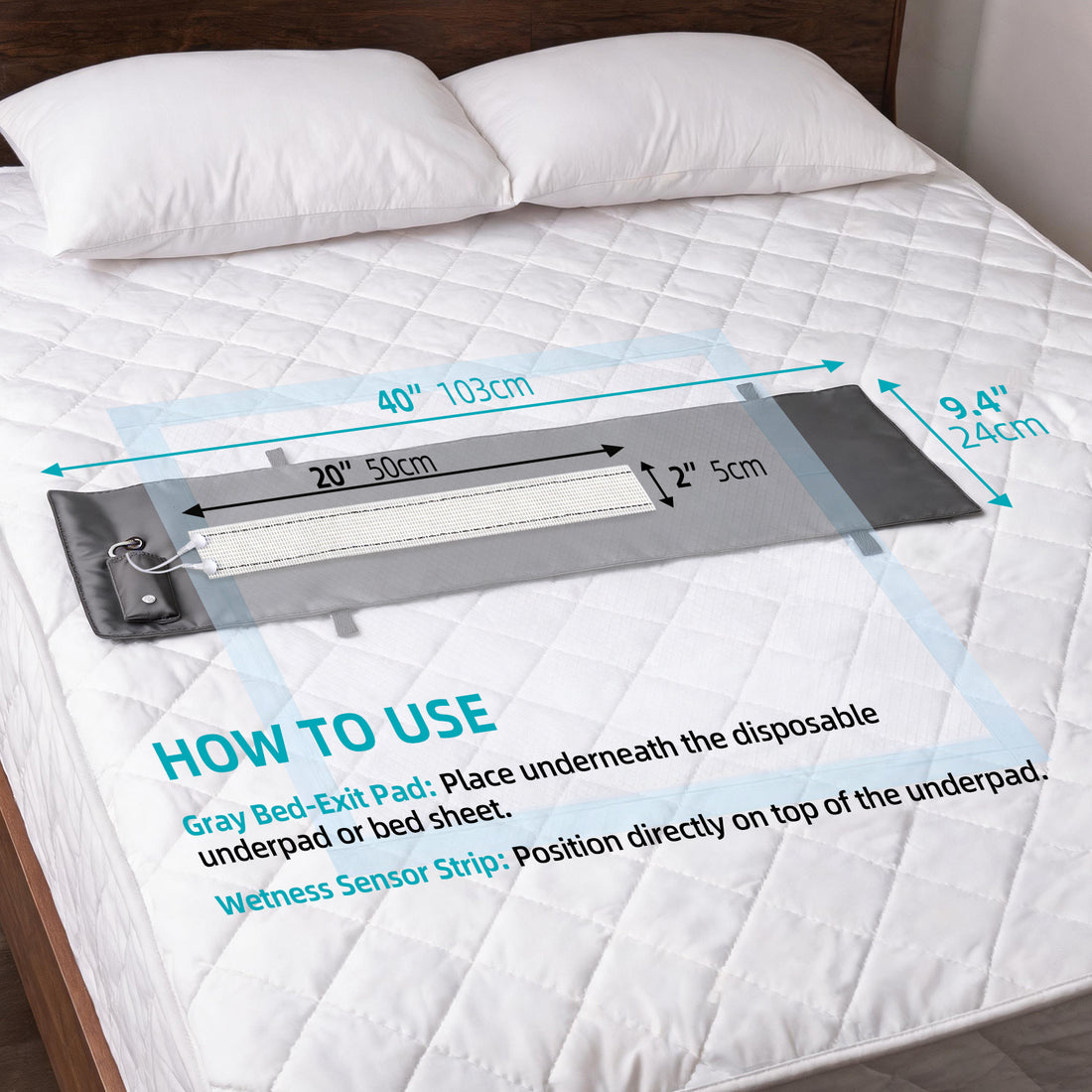 40 x 9.4 inch bed exit sensor mat and 20 x 2 inch moisture sensor strip shown on a bed with dimensions and placement instructions.