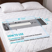 40 x 9.4 inch bed exit sensor mat and 20 x 2 inch moisture sensor strip shown on a bed with dimensions and placement instructions.