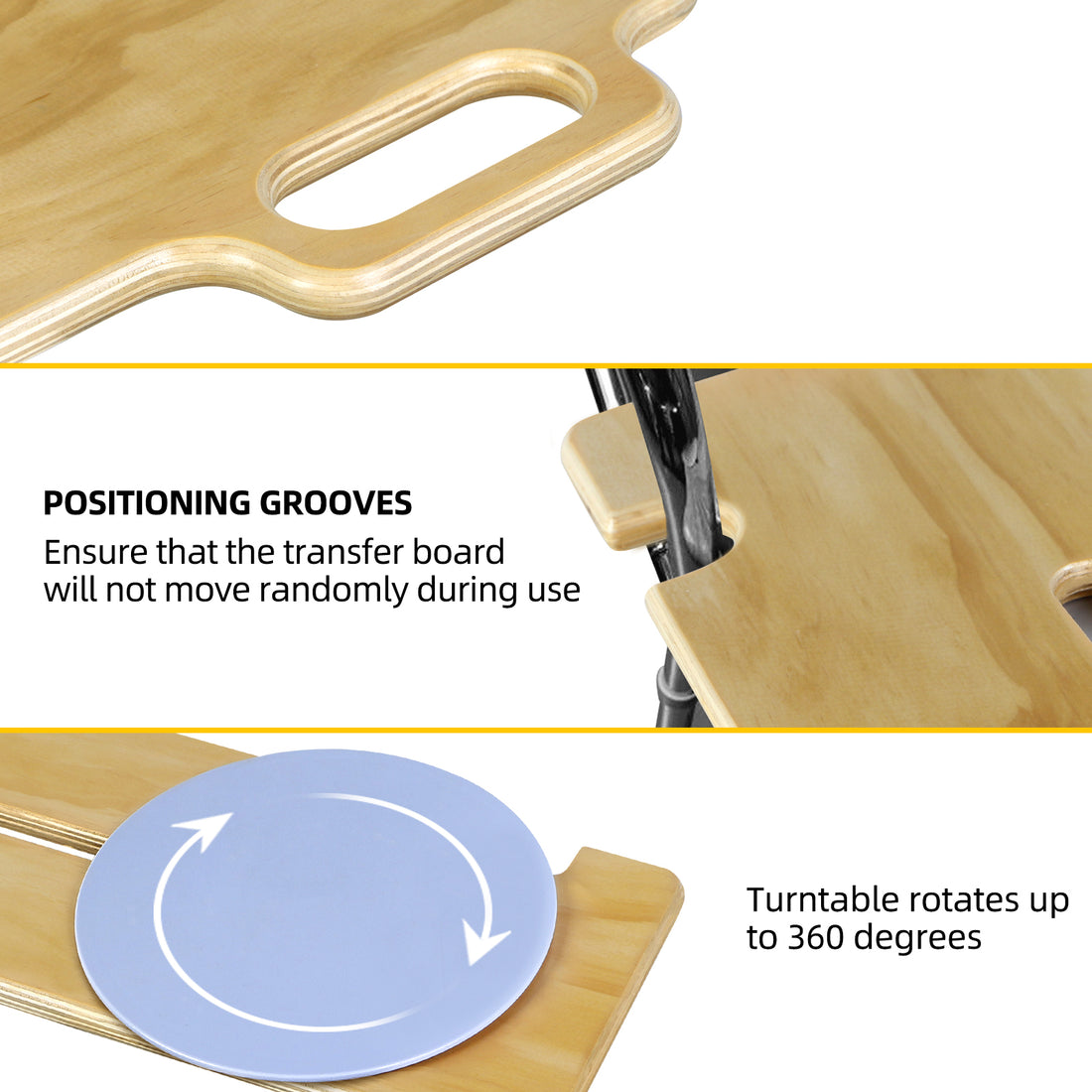 Close-up feature graphic of the wooden transfer board showing the integrated grab handle, positioning notches around a wheelchair frame, and blue seat disc with 360-degree rotation arrows.