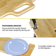 Close-up feature graphic of the wooden transfer board showing the integrated grab handle, positioning notches around a wheelchair frame, and blue seat disc with 360-degree rotation arrows.