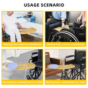 Comparison infographic of a curved patient transfer board and a straight transfer board, highlighting weight, durability, body fit, and suitability for limited spaces.
