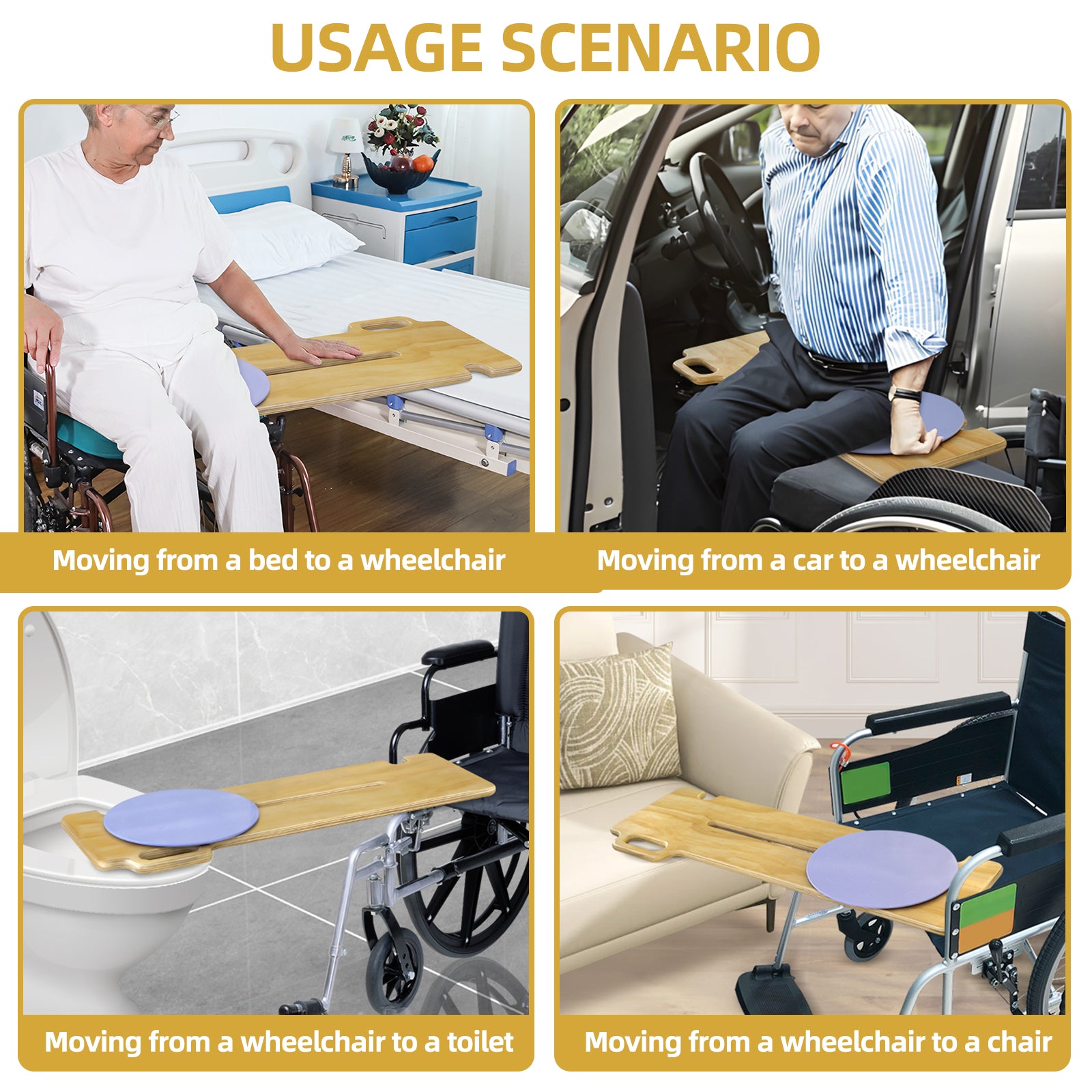 Wooden patient transfer slide board shown in four use scenarios: bed to wheelchair, car to wheelchair, wheelchair to toilet, and wheelchair to chair.