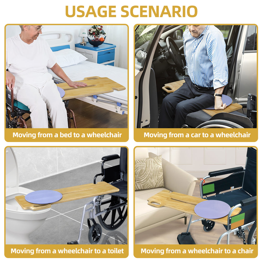 Wooden patient transfer slide board shown in four use scenarios: bed to wheelchair, car to wheelchair, wheelchair to toilet, and wheelchair to chair.