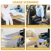 Wooden patient transfer slide board shown in four use scenarios: bed to wheelchair, car to wheelchair, wheelchair to toilet, and wheelchair to chair.