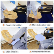 Dimension diagram of the 32 x 10 inch curved wooden patient transfer board, showing the blue 360-degree rotating seat and its sliding path.
