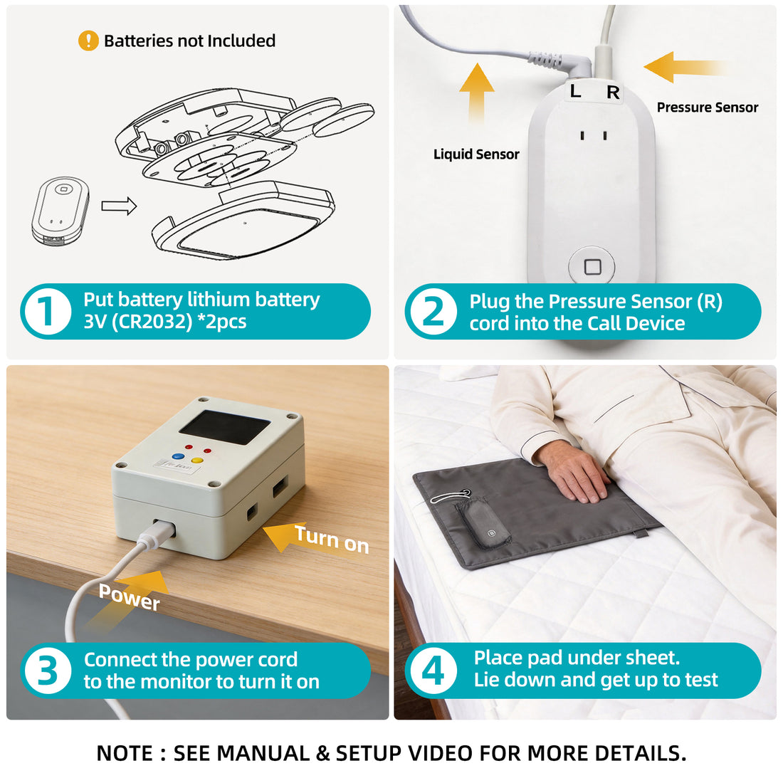Four-step setup guide showing battery installation, sensor connection, power connection, and placement of the bed exit mat under the sheet.